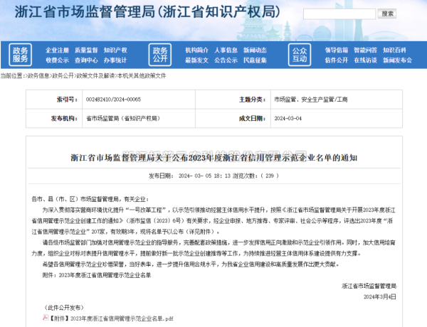 樱桃APP免费下载入选2023年度浙江省信用管理示范企业名单